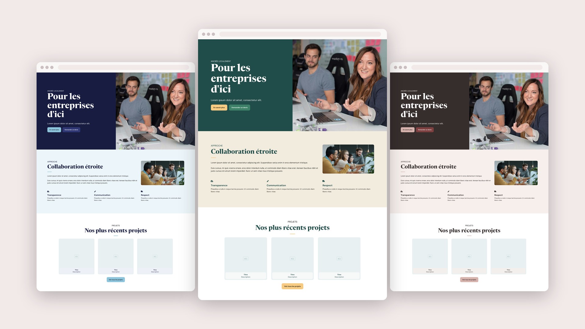 Un même site affiché dans trois combinaisons de couleurs et de polices